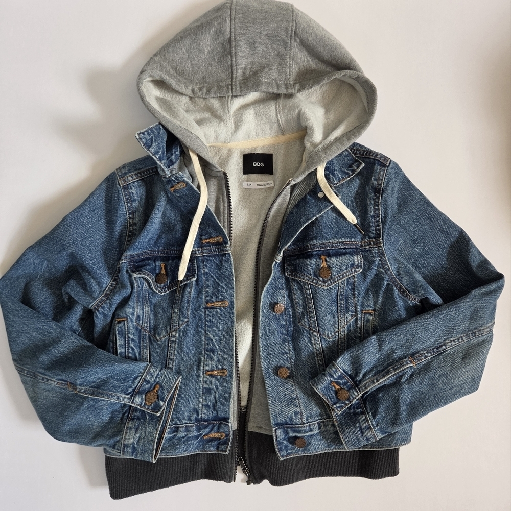 BDG urban outfitters denim bomber with attached grey hoodie like new! size S